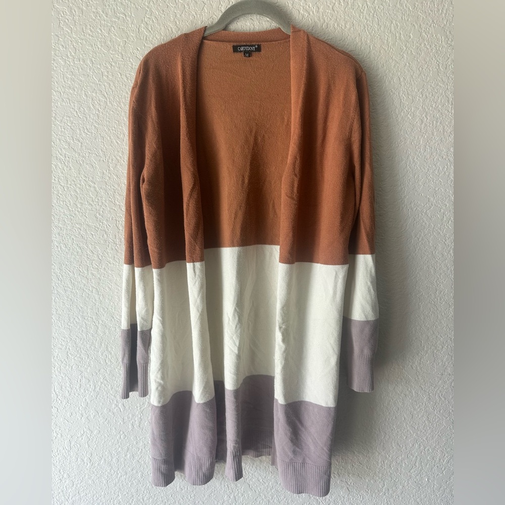 Cardydony Colorblock Duster Cardigan Rust Cream Lavender M